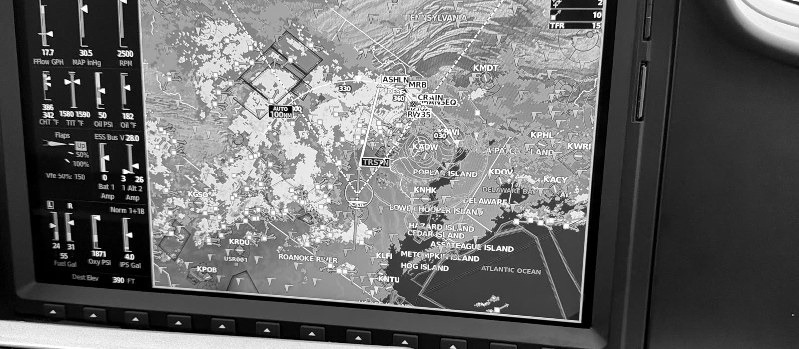 Garmin Perspective navigation display showing datalink weather